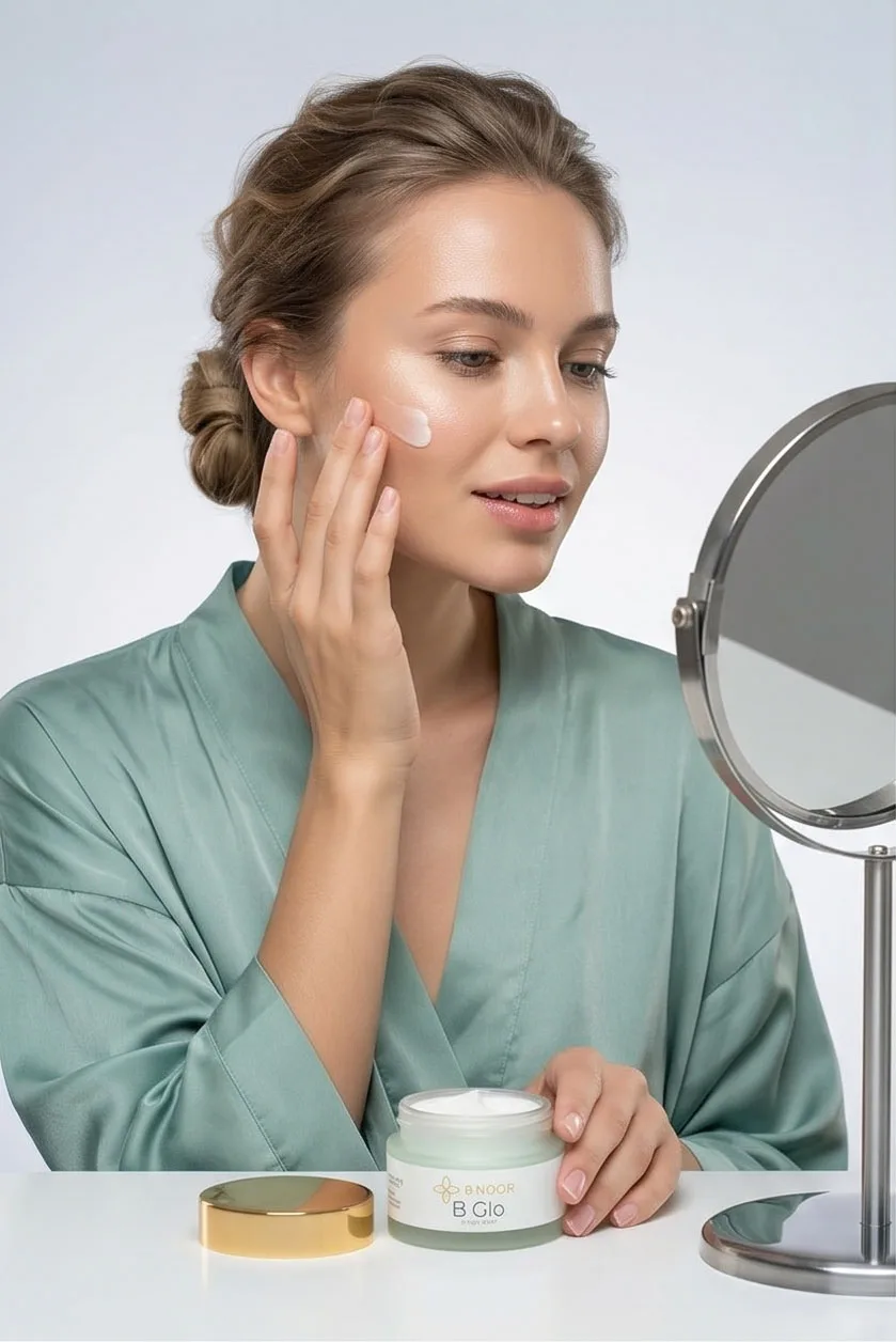 Woman applying B Glo hydrating cream — B NOOR skincare