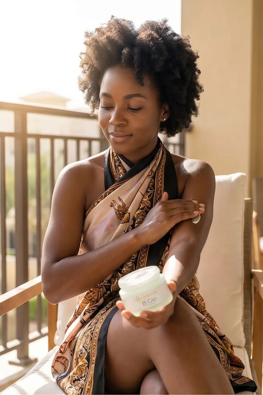 Woman with radiant skin using B NOOR B Glo cream