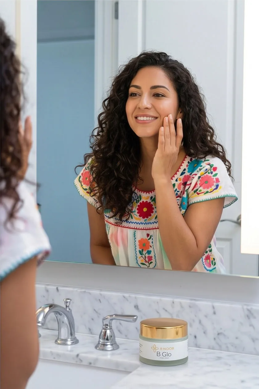 Close-up of woman enjoying B NOOR B Glo skincare ritual